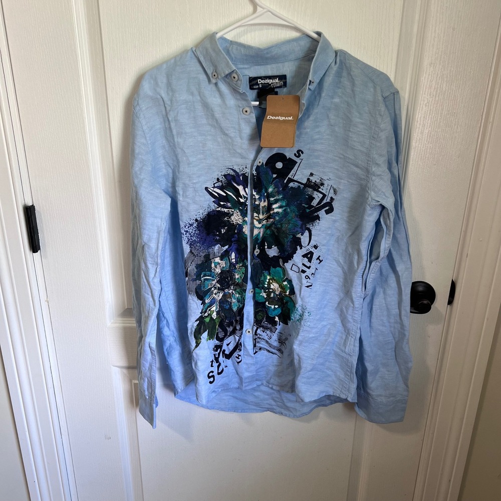 Desigual Mens Cam Diego Light Blue Floral Graphic‎ Linen Blend Shirt 19SMCWX8 S